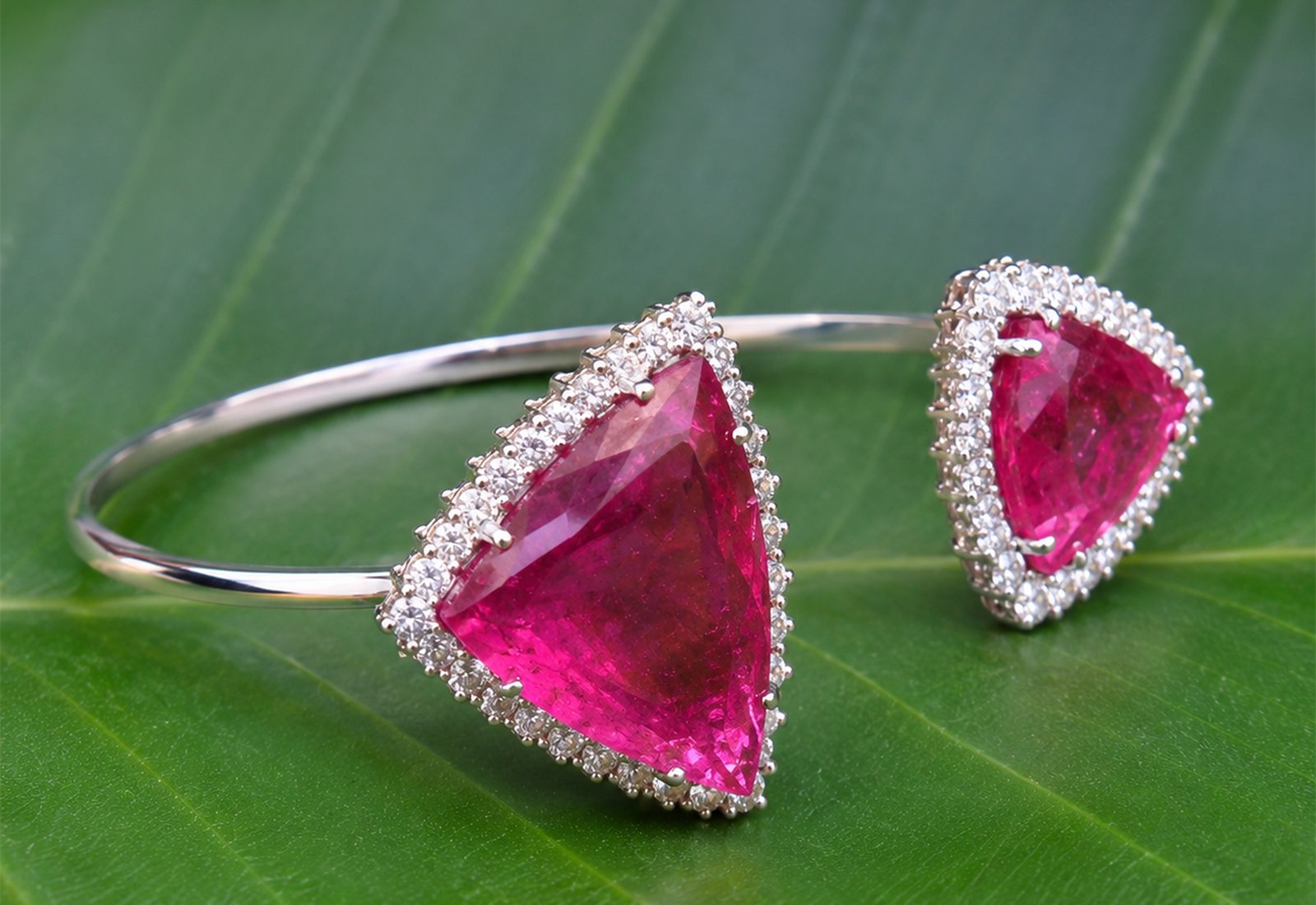 Rubellite tourmaline bangle and matching ring photographed on a green leaf