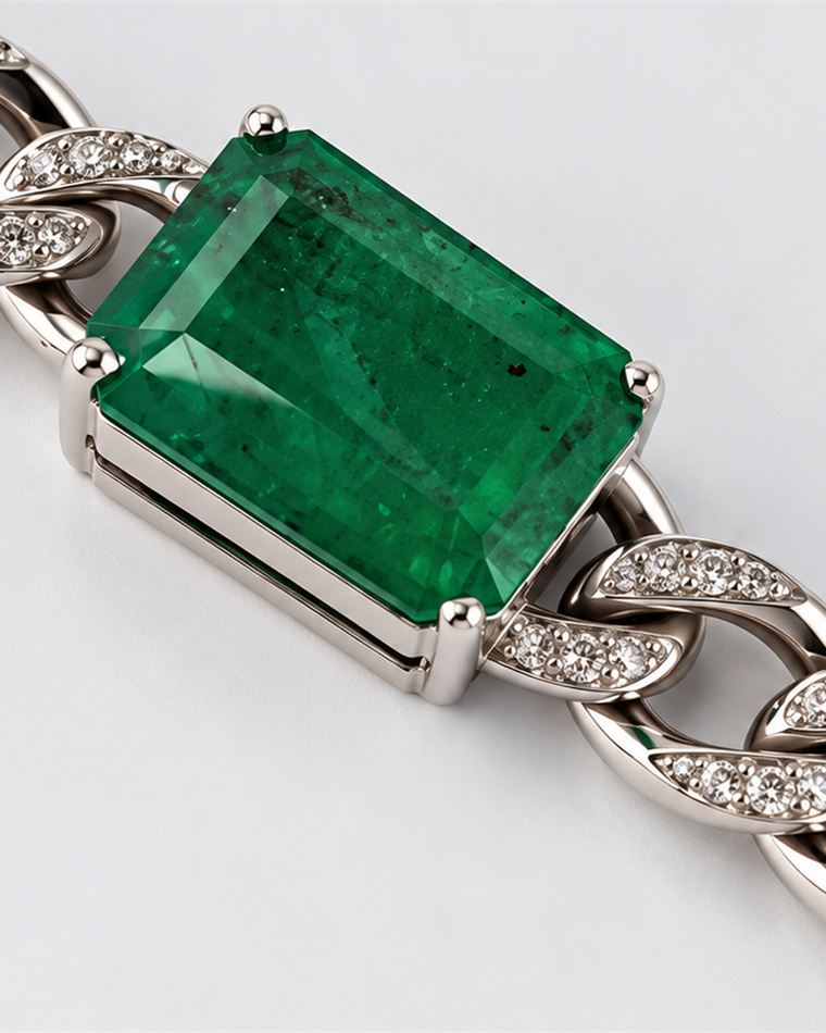 Emerald-cut emerald set into a diamond-paved curb link bracelet