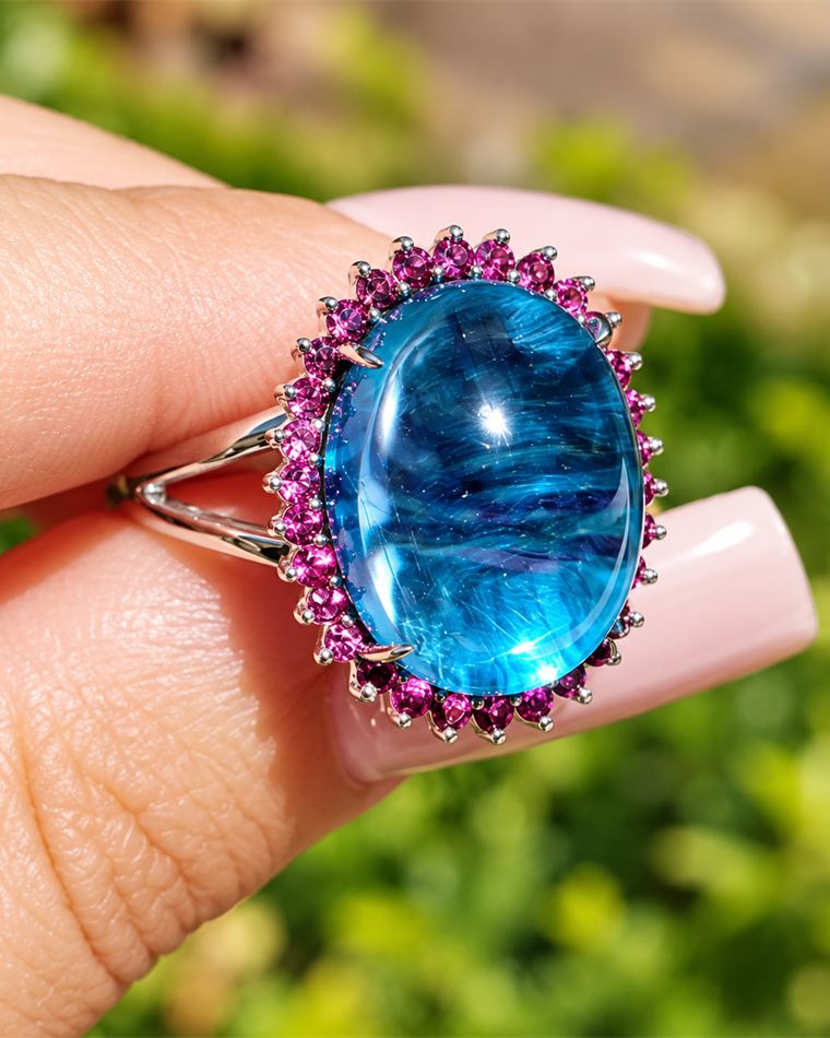 Blue topaz cabochon ring with a pink tourmaline halo